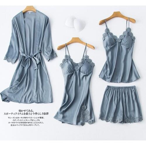 Spring Creative Womens Imitated Silk Pajamas Korean-style Flowers Side Sexy Nightgown V-neck Womens Nightgowns & Sleepshirts A