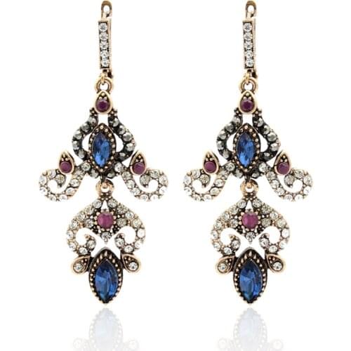 Vintage Slavic Women Resin Flower Drop Earring Long Hook Jewelry Dangle Earring Antique Gold Color Arabesque Ethnic Bride Bijoux