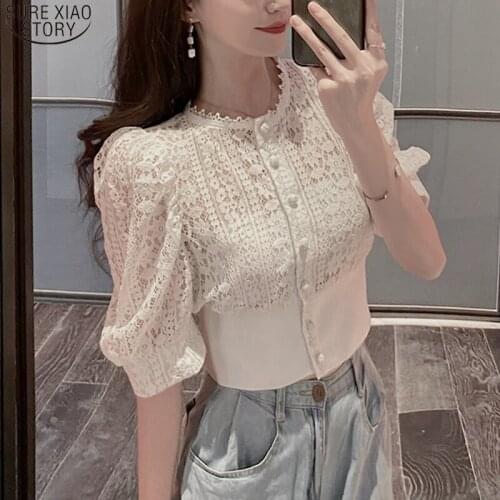 Hongkong Style Lace Hollow Out Blouses Summer 2021 New Fashion Slim Fit Puff Sleeve Single Breasted Women Shirts Blusas 13607