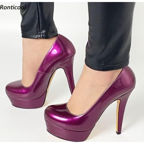 Ronticool New Handmade Spring Women Shiny Pumps 14 Cm High Heels Round Toe Gorgeous 6 Colors Dress Shoes Women US Plus Size 5-13