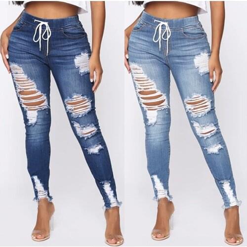 Drawstring Denim Jeans For Women Ripped Hole Stretch Jean Ladies Plus Size Full Length Pencil Pants