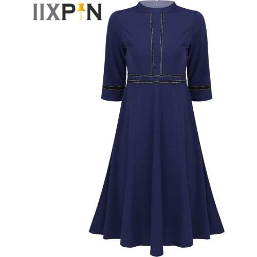 Womens Classic Vintage1950 Style Swing Dress 3/4 Sleeve A-line Flared Dress Cocktail Party Gown Homecoming Church Dress Robe