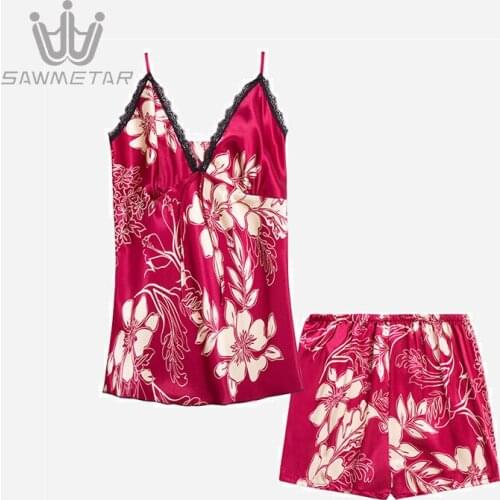Women Pajama Sets Sleeveless Pyjamas V-Neck Sleepwears Woman Silk Satin Summer Sexy Sleep Set Cute Print 2020 New Style