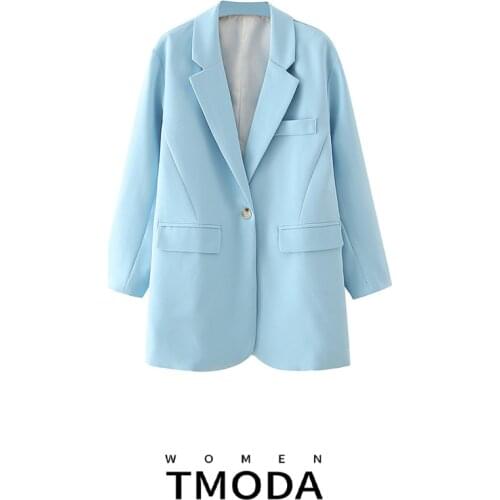 TMODA426 Women Blazer Formal Lady Office Work Suit Pockets Sky Blue Jackets Coat Slim Light Blue Women Blazer Femme Jackets
