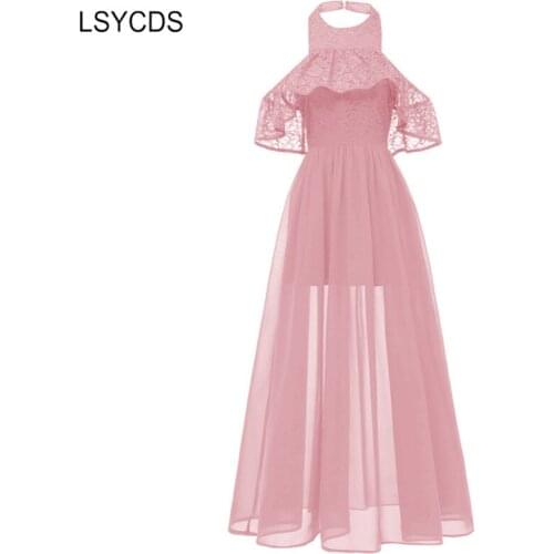 LSYCDS Halter Neck Lace Maxi Dress Sleeveless Chiffon High-end Womens Sexy Long Dress Evening Party Elegant Ladies Dress
