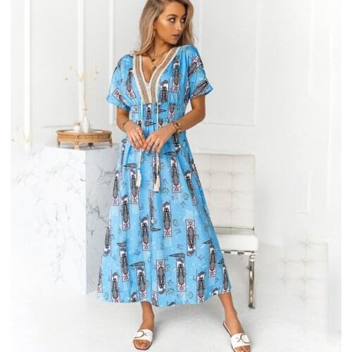 Women Summer Dress Sexy Tassel V-neck Boho Maxi Dresses Fashion White Print Hollow Out Short Sleeve Beach Party Dress Robe Femme