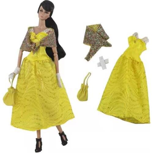 Pretty Yellow Princess 1/6 BJD Doll Dress For Barbie Clothes Outfits Evening Gown Bag Gloves Vestido 11.5" Dollhouse Accessories