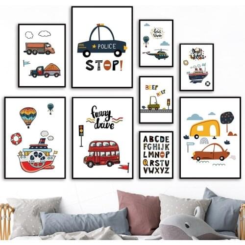 Alphabet Car Bus Boat Poster Cartoon Nordic Wall Art Canvas Painting Nursery Wall Bedroom Pictures Baby Boy Kids Room Decor