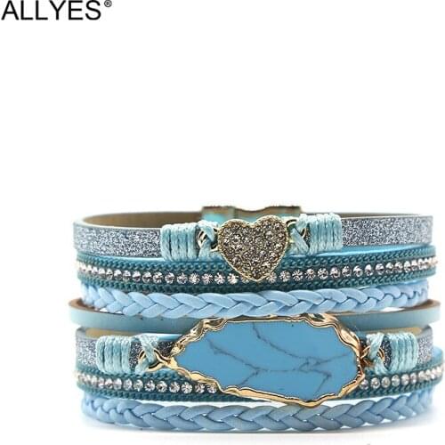 ALLYES Boho Rhinestone Heart Charm Braided Leather Bracelets for Women Fashion Natural Stone Wrap Bracelet Bangle Female Jewelry