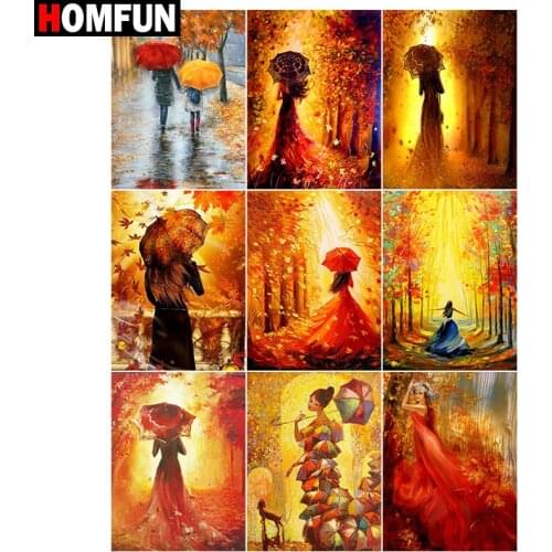 HOMFUN 5D DIY Full Diamond Embroidery "Woman umbrella maple leaf " Diamond Painting Cross Stitch Rhinestone Home Decoration