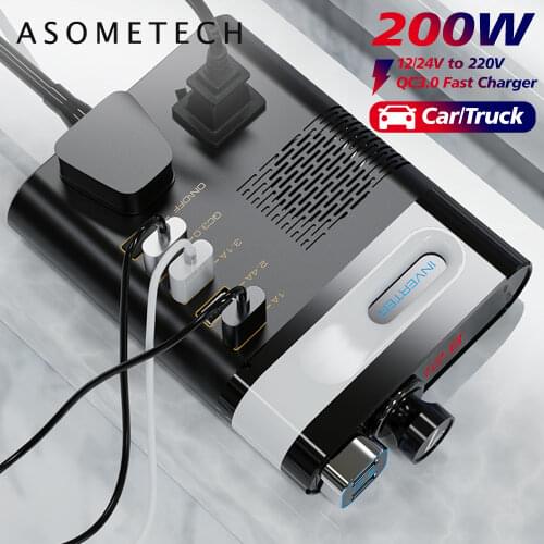 200W Car Power Inverter DC 12V 24V to AC 220V QC3.0 Fast Charging USB Car Charger Adapter Lighter Socket for Phone Laptop Tablet