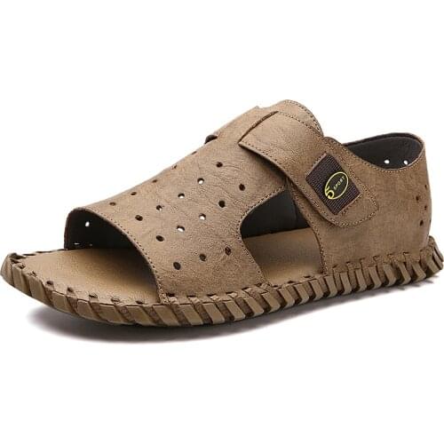 Summer Mens Casual Shoes Leather Open Toe Hollow Breathable Flat Sandals Comfortable Wear-Resistant Large Casual Shoes 38-46