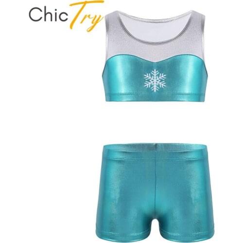 ChicTry Kids Girls Two-piece Tankini Snowflake Embroidery Gymnastics Ballet Shorts Crop Top Set Children Stage Dance Costume