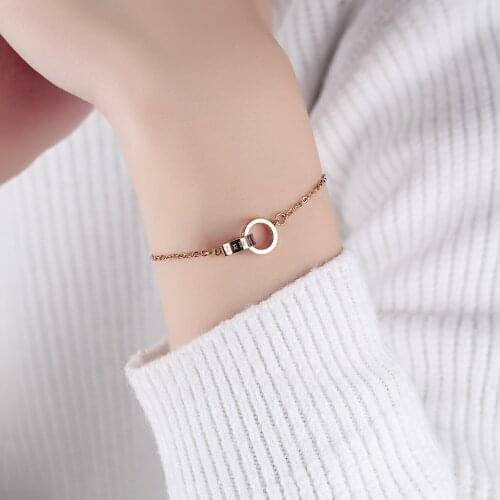 KKCHIC Roman Numeral Double Circle Ring Bracelet Titanium Steel Plated Rose Gold Bracelet Lady Hand Ring Day Gift Women Jewelry