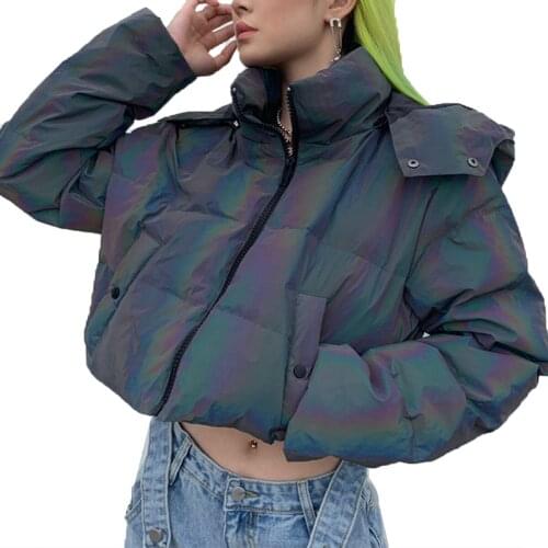 Women Color Reflective Coat Fashion Stand Collar Long-sleeved Cotton Coat Winter Streetwear Loose Short Zipper Hooded Jacket