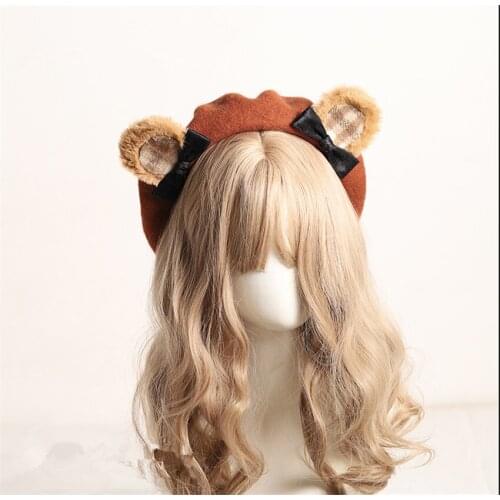 Handmade Kawaii Beret Hat Lolita Bear Ear Sweet Bowknot Warm Autumn Winter Painter Hat Headdress B1642