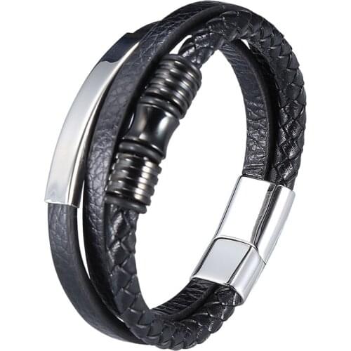 Fashion Stainless Steel Charm Black Multilayer Leather Braided Bracelet Men Magnet Clasp Bangles Jewelry Punk Accessories PD0999