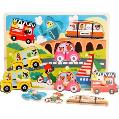 Unisex Cartoon Traffic Dinosaur Wooden Jigsaw Puzzle Board Home Kids Educational Interactive Toy