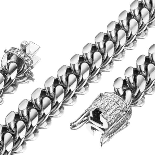 Silver Color Men Cuban Link Chain White 14mm Wide Stainless Steel Curb Necklace Or Bracelet With Diamond Chain Choker 7.5-30"