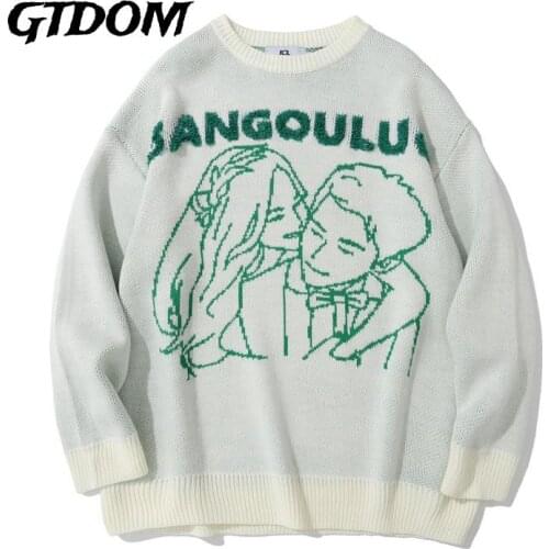 GTDOM 2021 Autumn New Cotton Couple Clothing O-Neck Long Sleeve Loose Vintage Japan Style Comic Printing Casual Men Sweaters