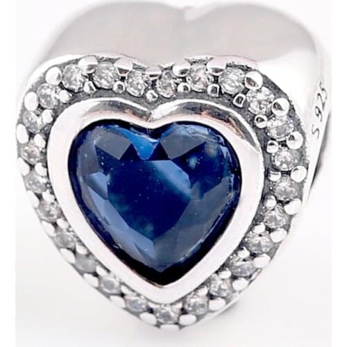 Original Sparkling Night Blue Love Heart With Crystal Bead Fit 925 Sterling Silver Charm Bracelet Bangle Diy Jewelry