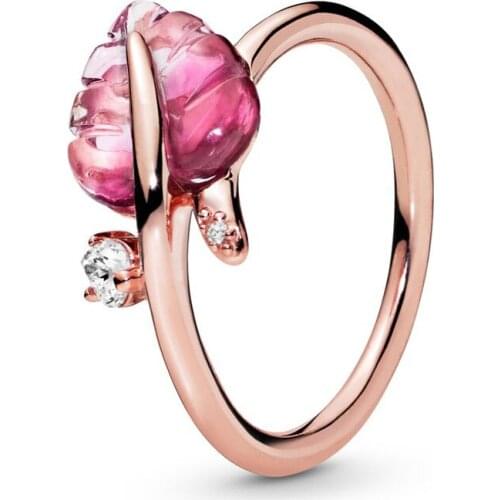 Authentic 925 Sterling Silver Pink Murano Glass Leaf Fashion Ring For Pandora Women Bead Charm Gift DIY Jewelry