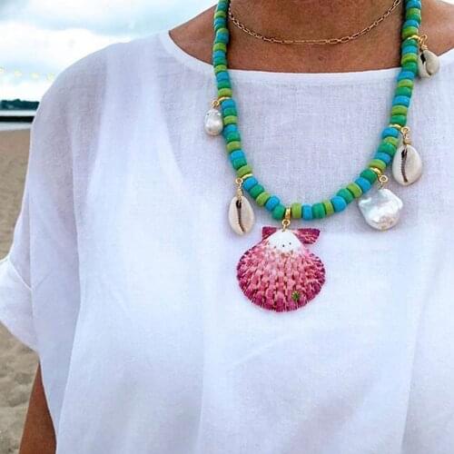 Bohemian style popular summer beach leisure fashion exaggeration handmade rice beads natural shell pendant necklace wholesale