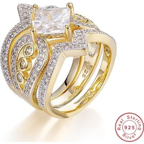 Luxury Princess-cut White Cubic Zirconia 18k Gold over 925 Silver 3-Piece Multi-Row Bridal Ring Set for women Court Jewelry