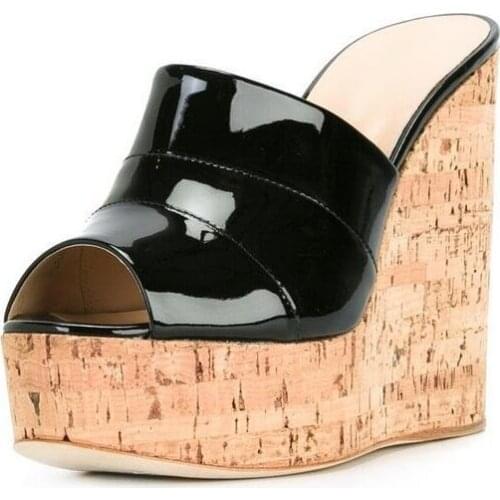 Sexy Wood Grain Platform Wedge Sandals For Women Peep Toe Super High-heels Summer Shoes Slip-on Black Patent Lather Slippers