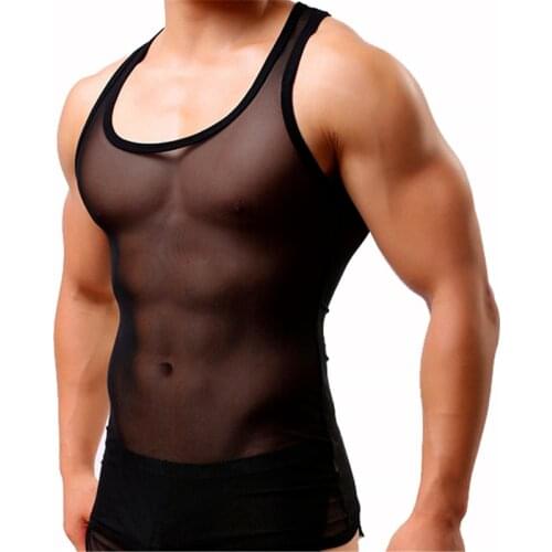 Sexy Mens Undershirts Mesh See Through Sleeveless T-shirts Slim Fitness Gym Tank Tops Sport Vests Male Underwear Sheer Pajamas