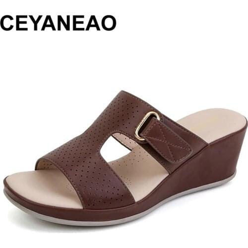 CEYANEAO Slippers Casual Low Big Size Shoes Rivet Slides On A Wedge Slipers Women Luxury 2021 Soft Metal Decoration PU Fabric