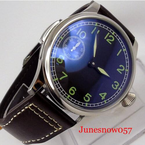 Sterile Nologo 44mm Mechanical Men Watch Luminous Hand Glass Back 6497 Movement Leather Band
