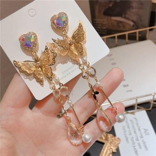Korean Fashion Pearl Long Drop Earring Jewelry Silver Color Needle Cute Butterfly Tassel Dangle Earrings for Women Accessories