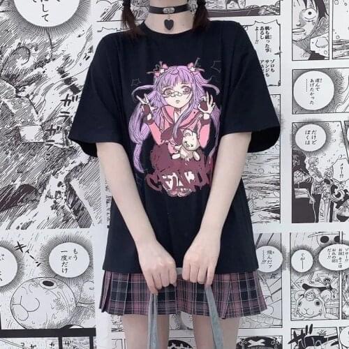 Harajuku Kawaii Black Pink White T-shirt Cartoon Women Summer Tops Lovely Cute Oversized Gothic Punk Clothes Vintage