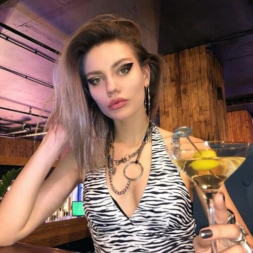 Ladies Summer Sexy Irregular Stripe Print Camisole Open Back Open Navel Vest Top Fashion Halter V-Neck