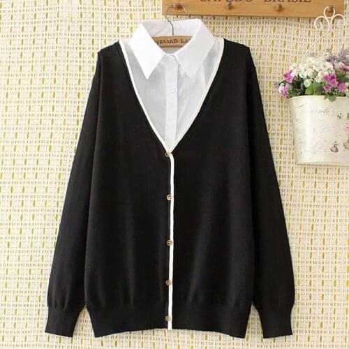 Plus size pullovers V neck fake white collar women loose sweaters 2021 new autumn winter casual ladies knitted tops female