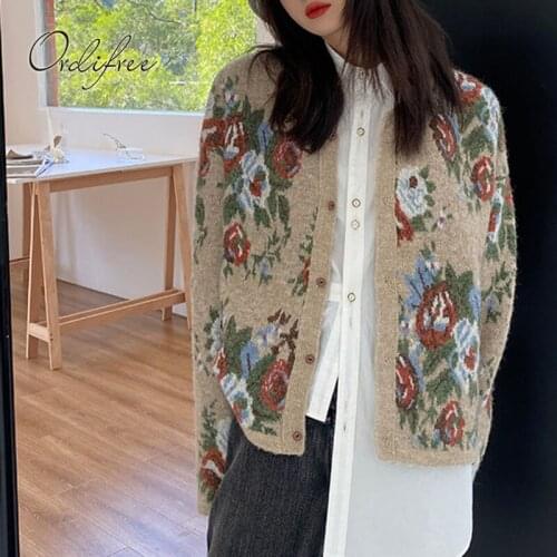 Ordifree 2021 Autumn Winter Vintage Women Knitted Cardigan Long Sleeve Loose Casual Outwear Coats Floral Print Sweaters Jumpers