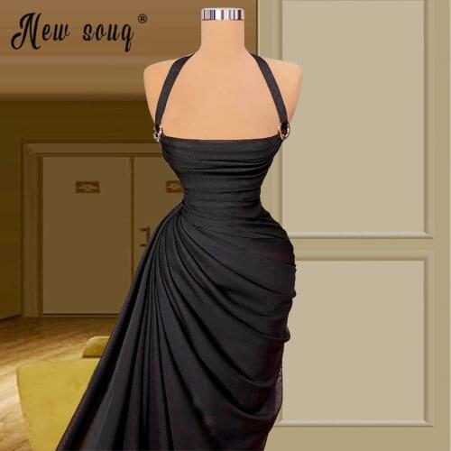 Sexy Long Black Prom Dresses Halter Islamic Turkish Middle East Evening Gowns Women Longue Robes Birthday Party Wear Dress