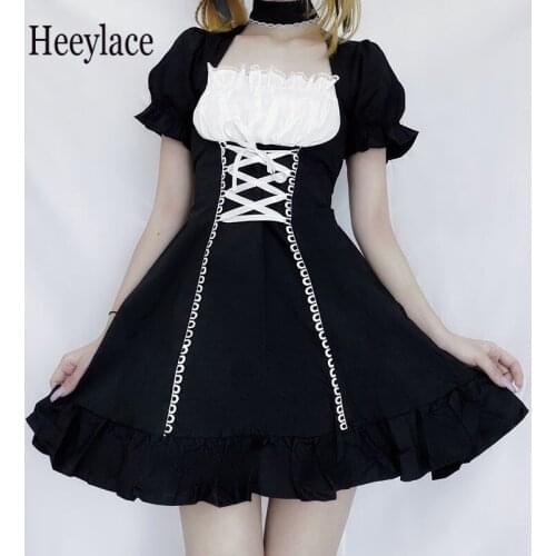 Womens Maid Dress Kawaii Lolita Outfit French Milkmaid Costume Cosplay Bandage Sexy Waitress Dress Puff Sleeve Uniform