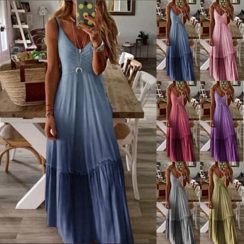Summer Dress Woman 2021 New Style Loose V-neck Gradient Color Dungaree Maxi Dresses Vestidos LDM200220