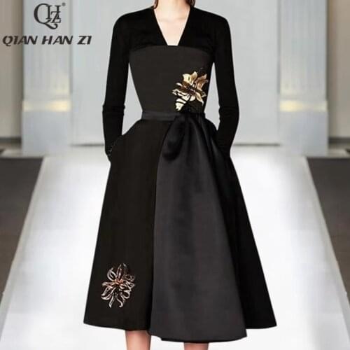 Qian Han Zi Autumn designer fashion runway dress Womens V-neck high quality vintage Embroidered slim black party dresses