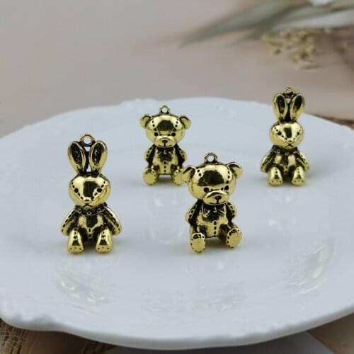 10pcs 3D Lovely Rabbit Bear Charms Vintage Gold Metal Animal Pendant For Keychains Earring Necklace DIY Jewelry Making Handmade