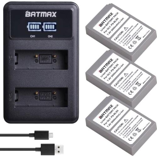 3Pcs 2000mAh PS-BLS5 BLS5 BLS50 Battery + LED USB Dual Charger for Olympus PEN E-PL2,E-PL5,E-PL6,E-PL7,OM-D E-M10,Stylus1