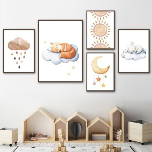 Boho Sun Moon Clouds Fox Rabbit Bear Dream Wall Art Canvas Painting Nordic Posters And Prints Wall Pictures Baby Kids Room Decor