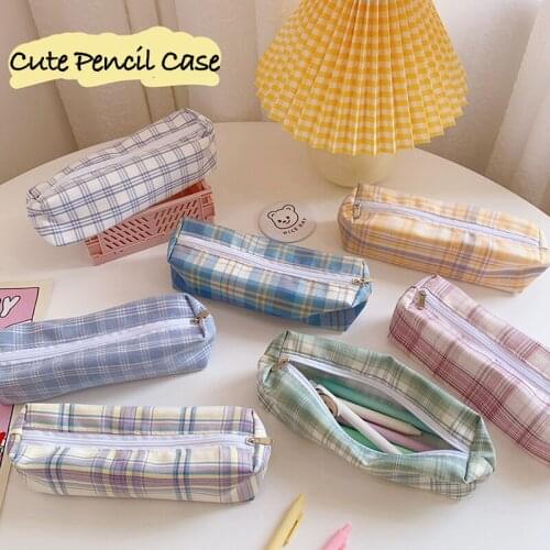 Large Capacity Pencil Case Sweet Plaid Pattern Kawaii Sweet Cartoon cosmetic Pencil Bag Students School Supplies Stationery