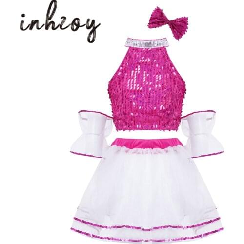 Kids Girls Hip Hop Jazz Dance Outfits Cheerleader Costume Sequins Crop Top Mesh Tutu Skirt Stage Performance Dancewear Set