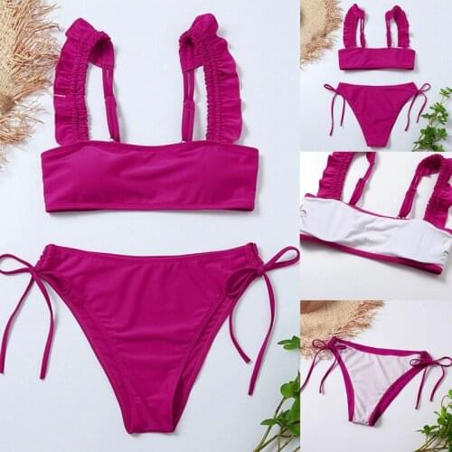 Hot kf-Womens Swimsuit Thin Straps Pleated Wrap Bikini Suit 2-Piece Swimsuit