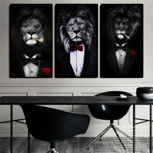 Black and White Lion In Suit Canvas Art Posters And Prints Abstract Gentle Animals Smoking Canvas Paintings Wall Art Pictures