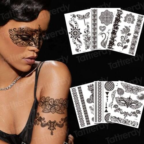 Mandala temporary tattoo sticker black henna lace pattern bracelet jewelry stickers face makeup tattoo eyes mehndi flower hand