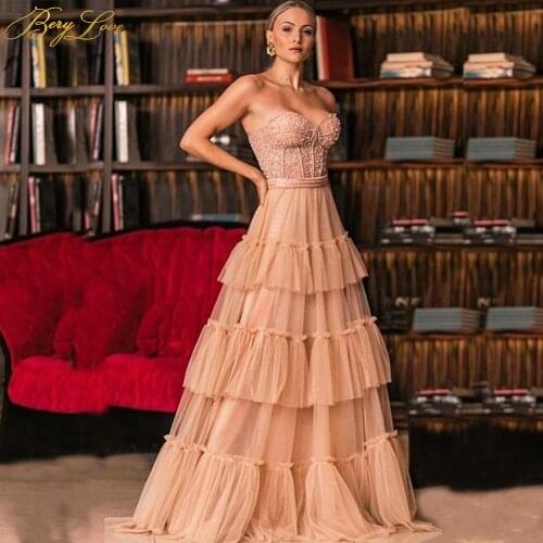 Tiered Prom Dress Long A Line Party Dress Girl Gown Sweetheart Neck Bead Pearls Bodice Tulle Evening Dress Plus Size Fairy